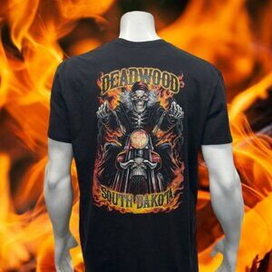 Deadwood South Dakota Motorcycle Flames Skeleton Biker Graphic T-Shirt Size XL
